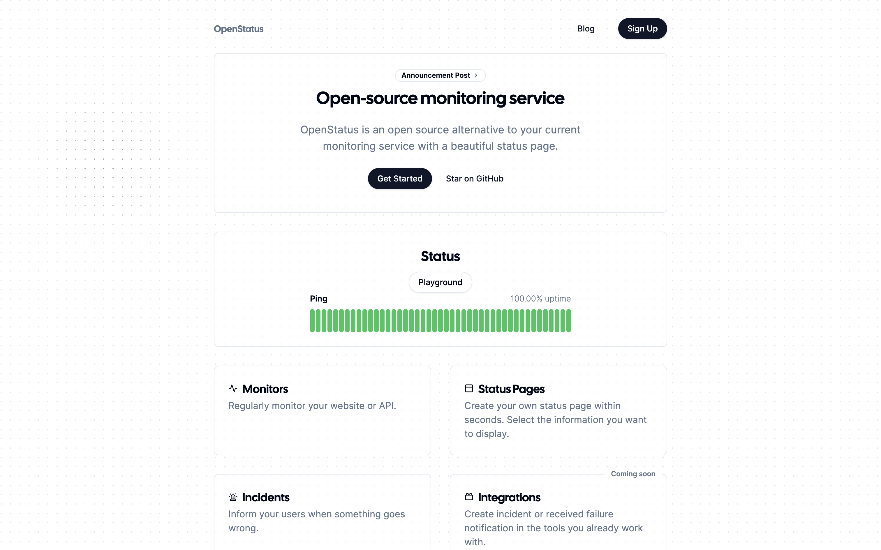 OpenStatus is an open source alternative to your current monitoring service with a beautiful status page.